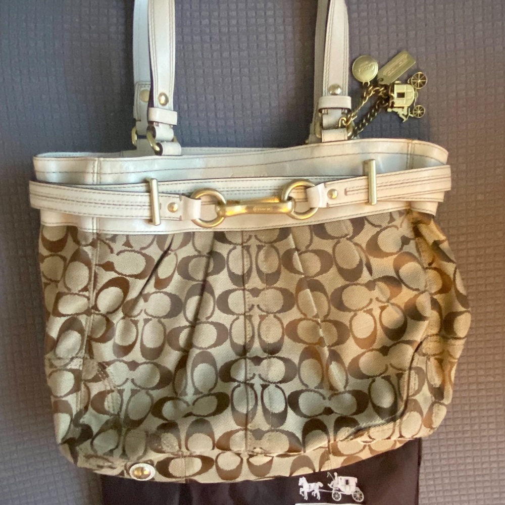 Authentic Coach Signature Canvas and Leather Shoulder Bag, Beige